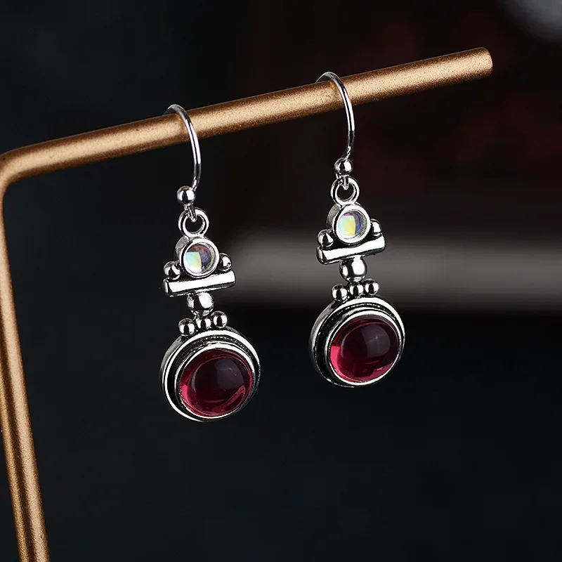 Bague Ringen, тайское серебро 925, серьги-капли, ювелирное изделие с красным круглым лунным камнем, Винтажные серьги с драгоценным камнем, вечерние, Подарок на годовщину