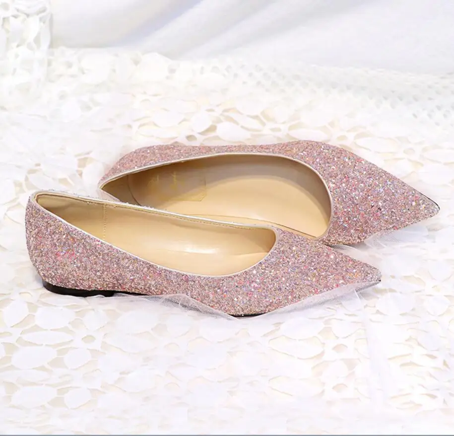 gold pink no plush Блестящие свадебные туфли на плоской подошве с острым носком; удобные вечерние туфли без застежки; женские шикарные пикантные лоферы; повседневные Мокасины - Цвет: gold pink no plush