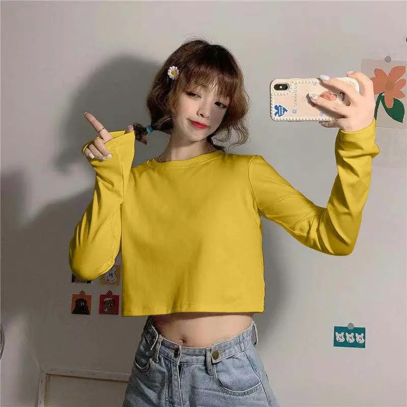 

long-sleeved short T Shirt for Women solid Harajuku Couple T-shirts Fake sweet Casual O-neck wild woman Oversize Tops