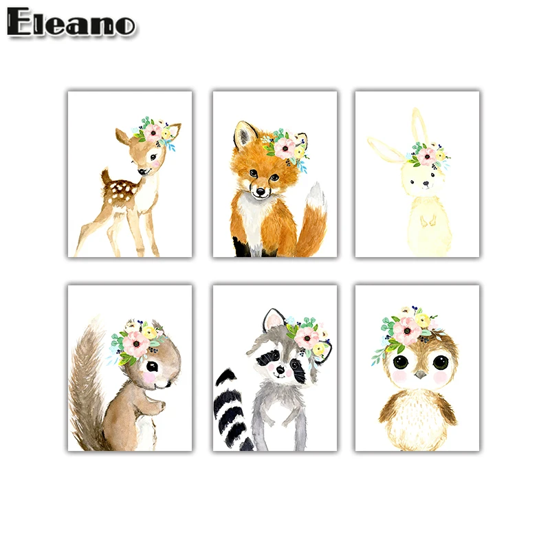 

Canvas Painting Wall Art Flower Bird Sika Deer Fox Rabbit Cartoon Animal Watercolor Painting for Children's Room Decor Picture