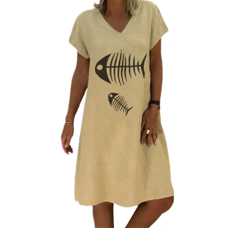 

Abstract Fish Bone Print Women 2021 Summer Dresses Oversized V-Neck Short Sleeve Ladies Fashion Loose Plus Size Midi Dress S-5XL
