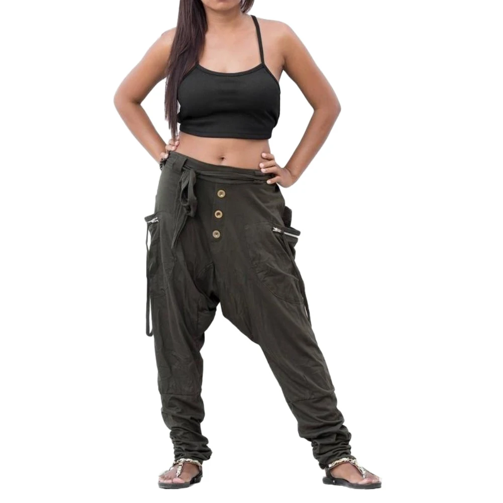 

Womens Solid Elastic Waist Harem Pants Bloomers Baggy Pants Boyfriends Button Casual Loose Trousers Plus Size