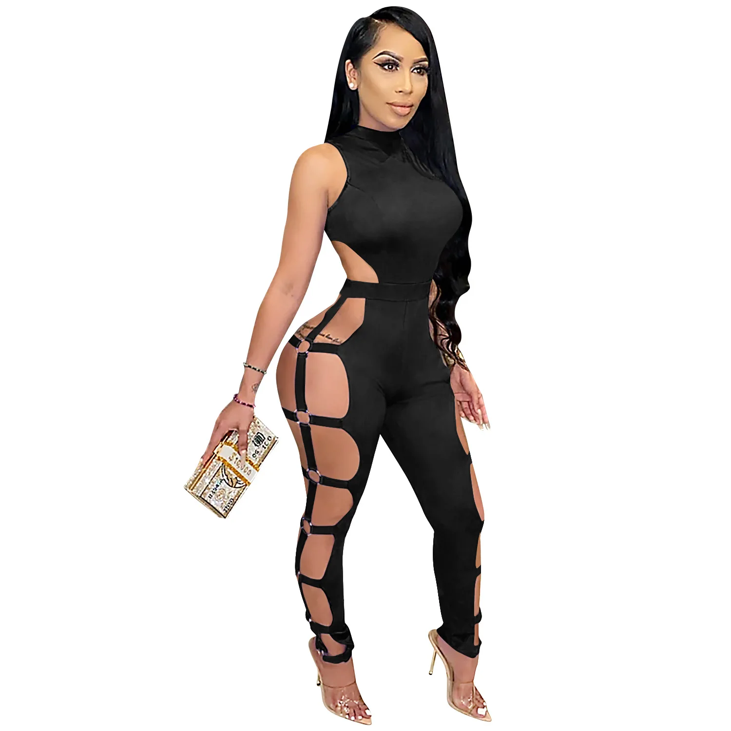 

Cutubly Sexy Hollow Out Jumpsuit Solid Jumpsuits for Women Sleeveless Turtleneck Playsuit for Women Sexy Club Long Rompers