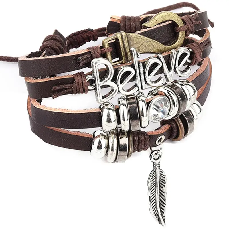 Многослойные плетеные кожаные браслеты для мужчин винтажные с листьями перьями