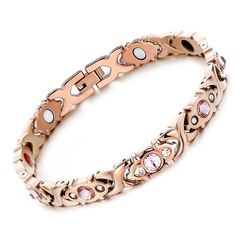 Rosegold 3 цвета розовое золото 316L Нержавеющая сталь Стразы лечение артрита магнитный браслет для женщин обезболивающие браслеты для здоровья - Окраска металла: Rosegold