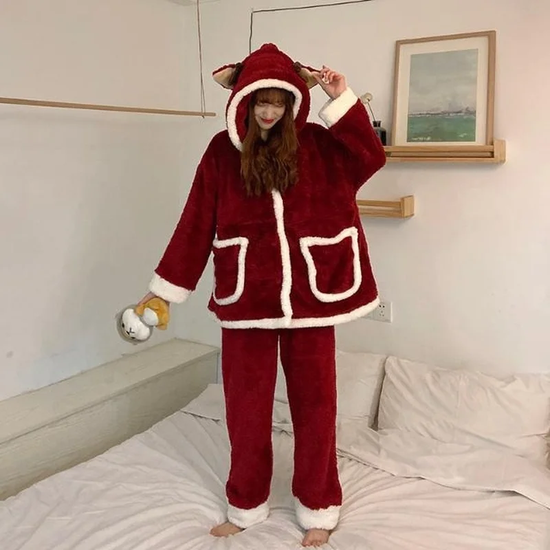 Pajamas Christmas Pajamas Set Female Comfortable Outer Wear Loungewear Students Cute Age Reduction Warm Loose Suit Sleepwear