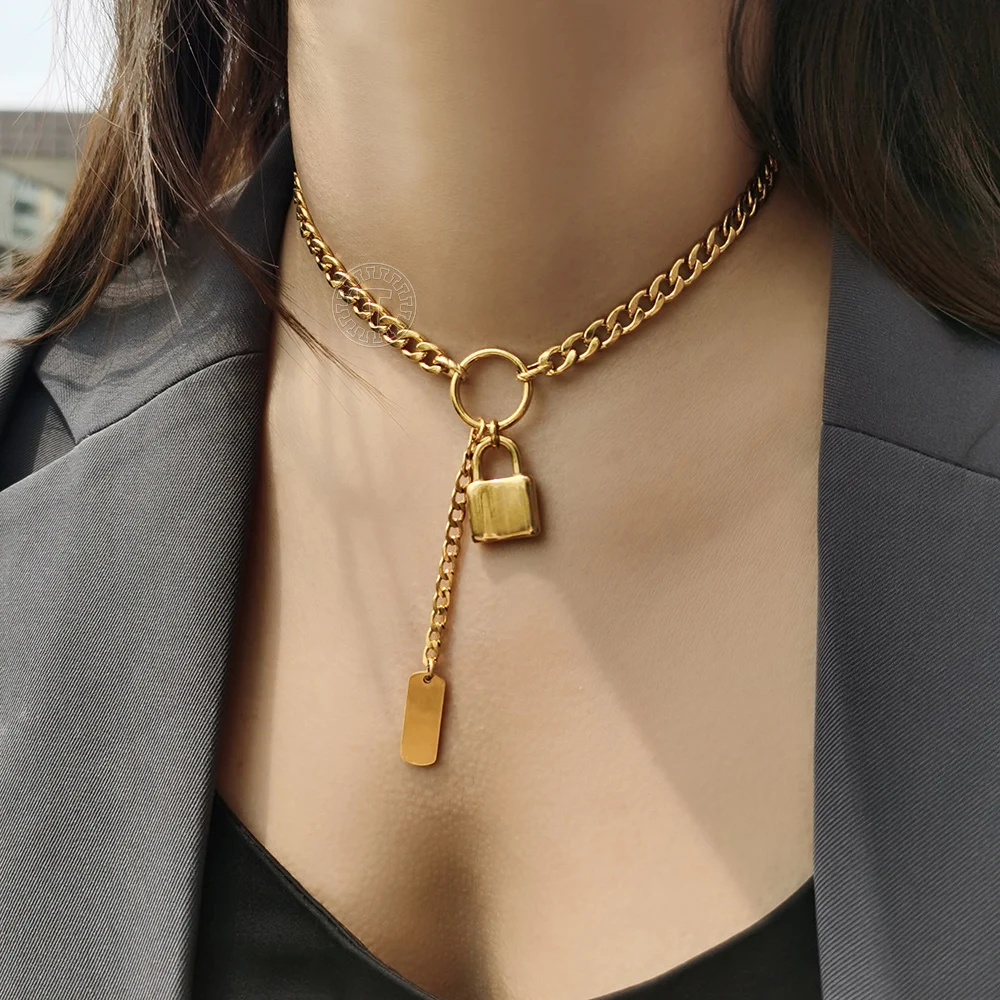 

Stylish Padlock Pendant Choker Necklace for Women Girls Gold Engraving Name Tag Charm Curb Cuban Link Chain Necklace DN259