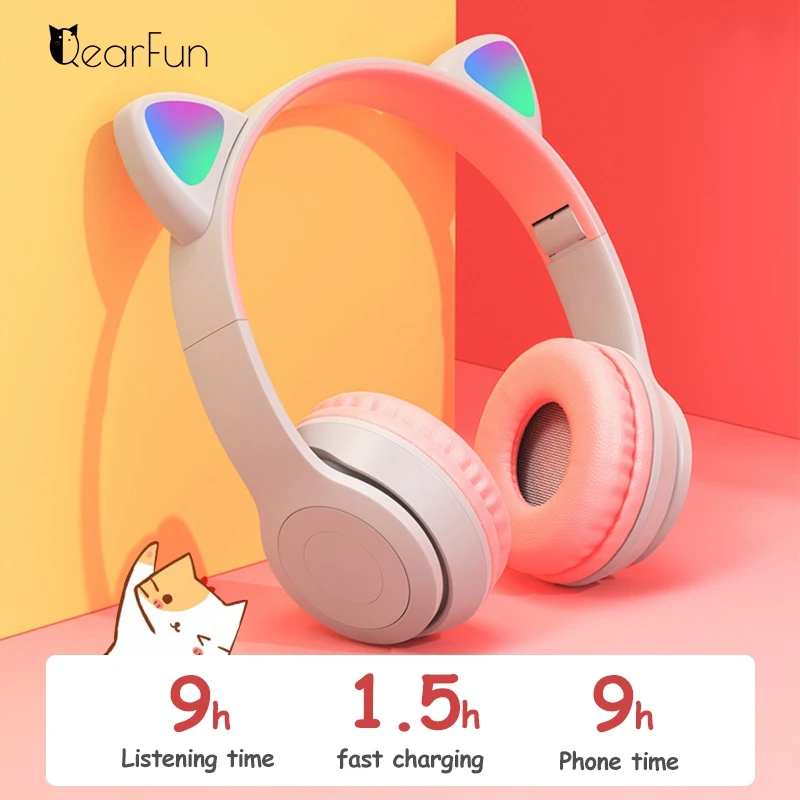 RGB Cute Cat Wireless Children Headphones with Mic, Stereo PC Gamer Headsets for Girls Kids Cell Phone Gaming Earphone Bluetooth