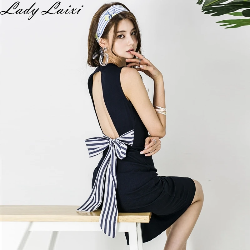 Женское летнее платье карандаш с бантом открытой спиной и v образным вырезом