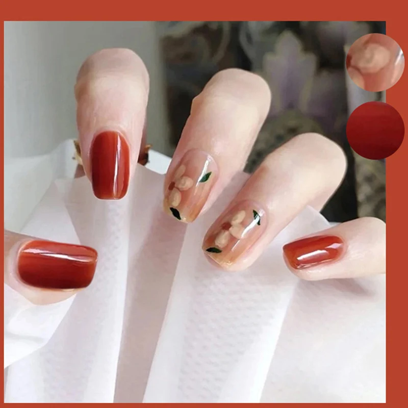 

24pcs Orange Red Solid Color Patch Floral Fake Nails Round Full Cover Decorate Nail Art Tip Press on False Nail with Glue