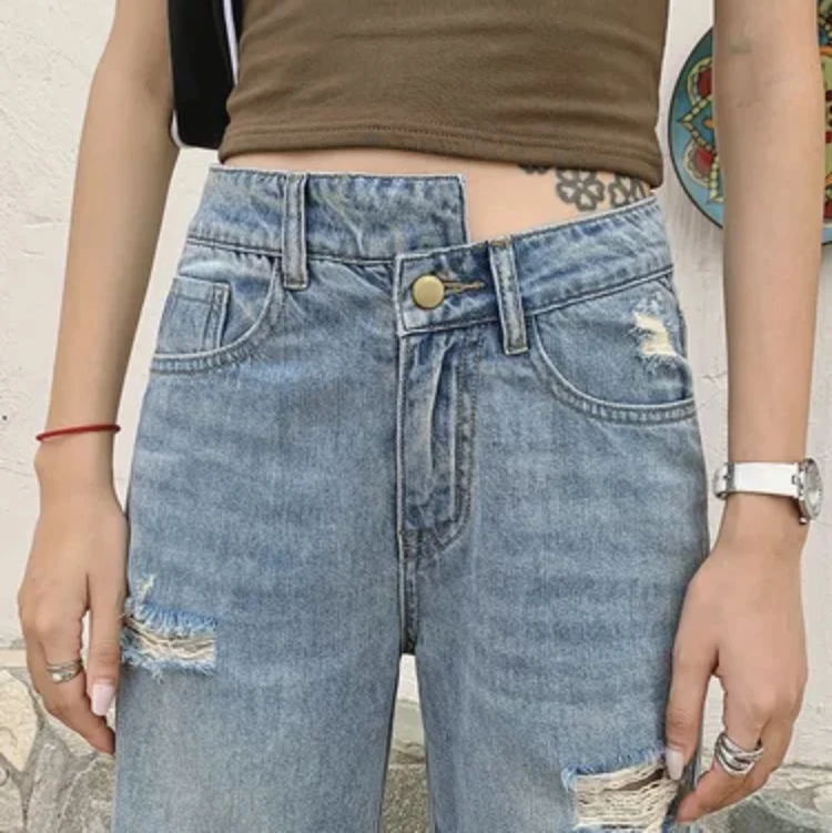 

2021 fashion summer new style wrong waist design ripped denim wide leg pants