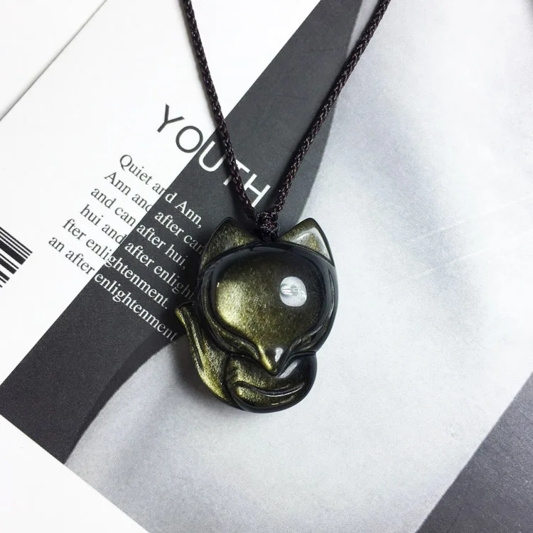 

[recruiting Peach Blossom To Prevent Scumbags] Natural Obsidian Fox Necklace Obsidian Pendant Crystal Men's and Women's Jewelry