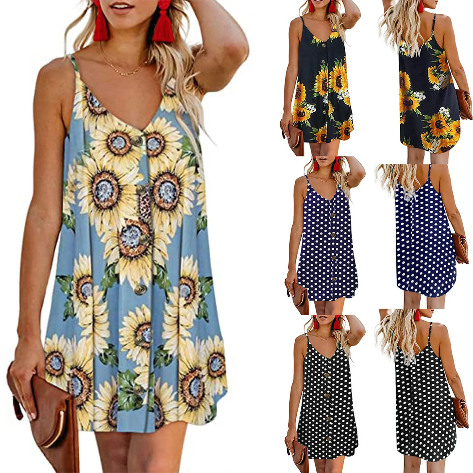 

Мини-платье женское с V-образным вырезом, модный Повседневный Сарафан оверсайз без рукавов, с принтом, на пуговицах, пляжная одежда на бретел...