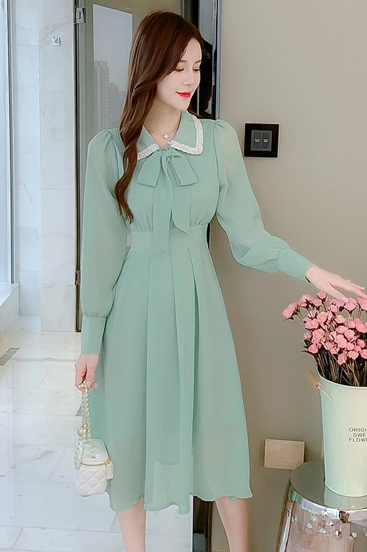 

COIGARSAM Women dress New Spring Pearl Dresses Green 3670