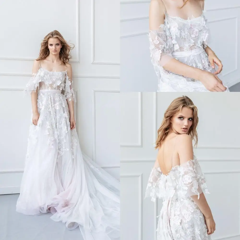 

New Arrival Wedding Dresses Spghetti Straps Half Sleeves Lace Appliques Bridal Gowns Backless Sweep Train A Line Wedding Dress