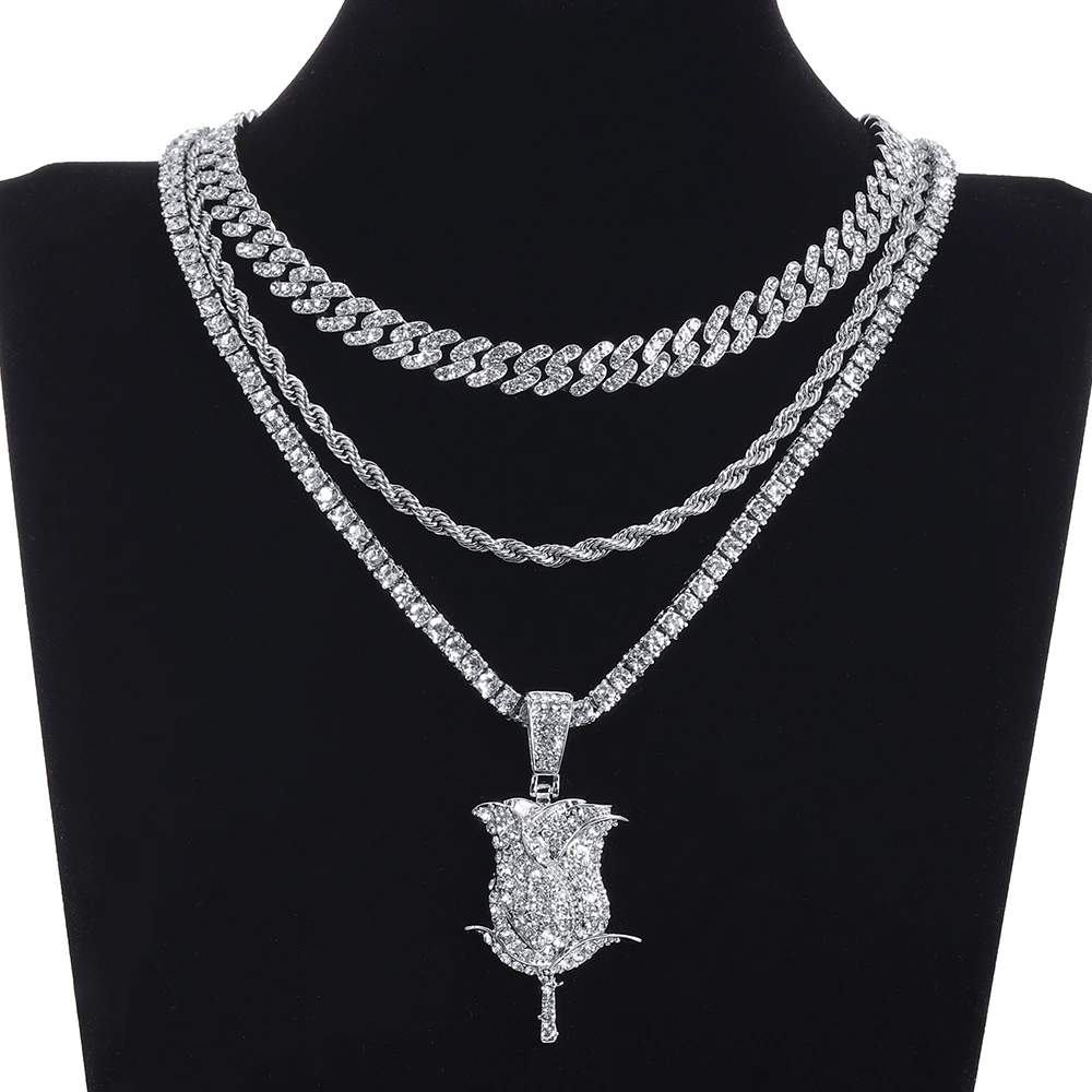 

Bling Rhinestone Rose Petals Pendant Necklace For Women Tennis Chain Necklace Men Women 2021 Fashion Flower HipHop Jewelry Gift