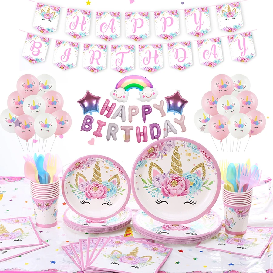 Одноразовая посуда в виде единорога на день рождения обеденная тарелка чашка