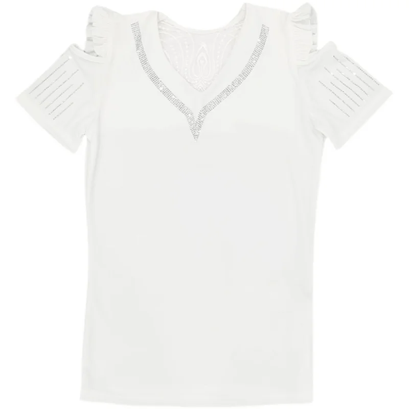 

Fashion New V collar Hot drilling Lace Off shoulderTops Women Casual Short Sleeve Tees 2021 Summer Woman T-shirt y2k top