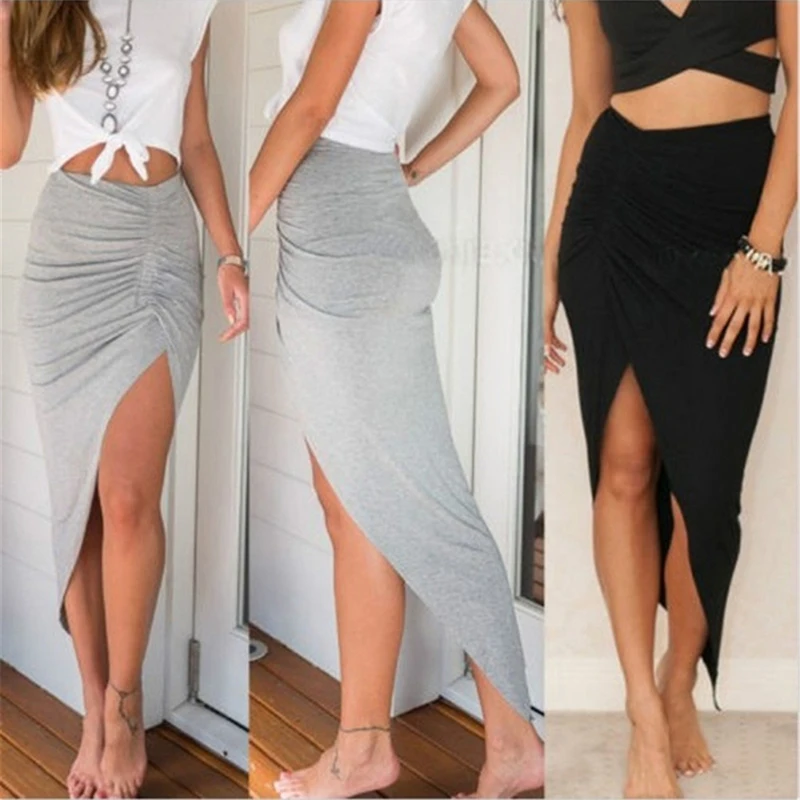 

Women High Waisted Asymmetric Stretch Ruched Slit Skirt Beach Party Bodycon Skirts Pluss Size S-XL Black Gray