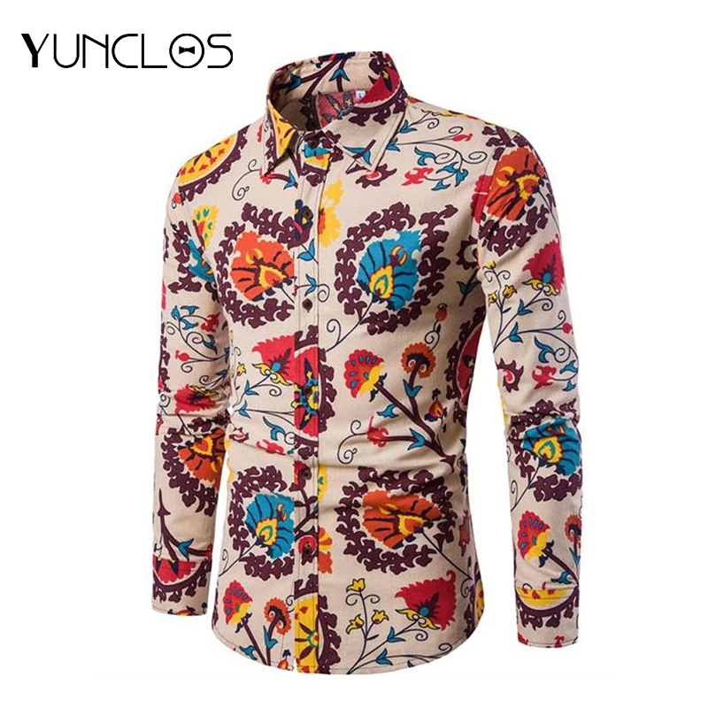 Мужская рубашка из льна с длинным рукавом в этническом стиле повседневная яркая
