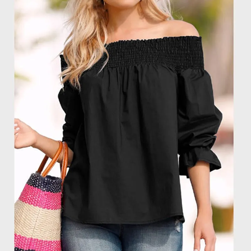 2019 Women Elegant Long Sleeve Boho Shirt Sexy Off Shoulder Party Blouse Back Bow Beach Tops | Женская одежда