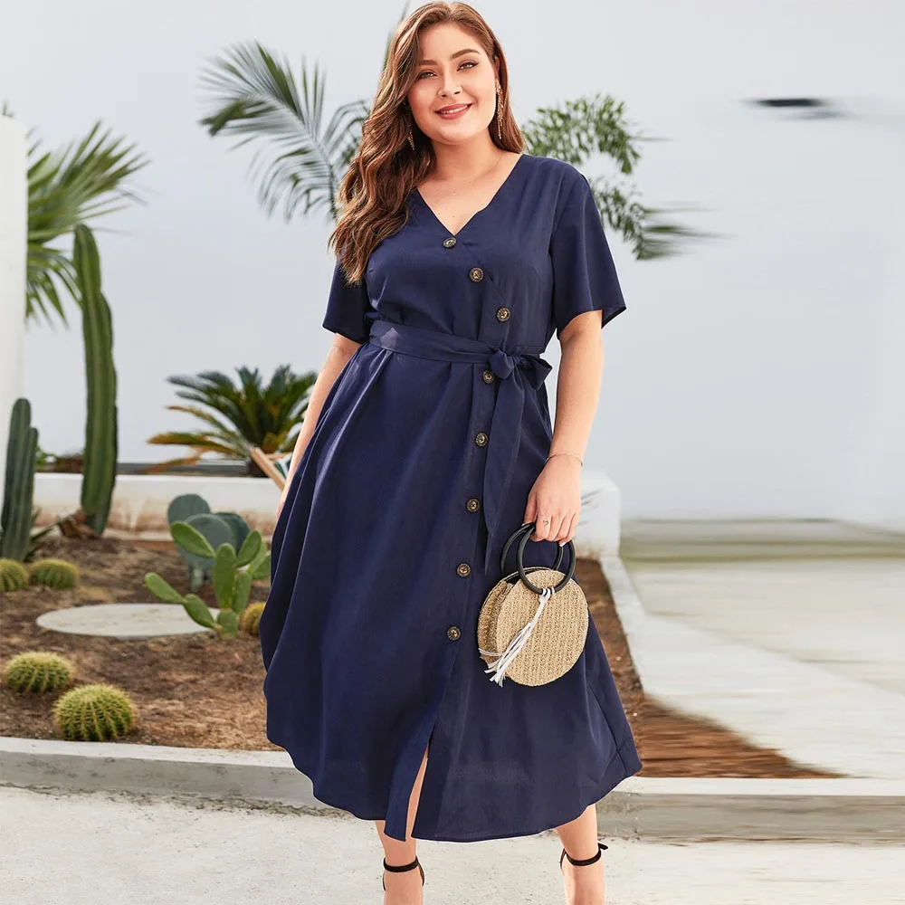 

Women Summer V Neck Short Sleeve Plus Size Dress Elegant Buttons Split Maxi Long Dress Casual Evening Party Elegant Femme Dress