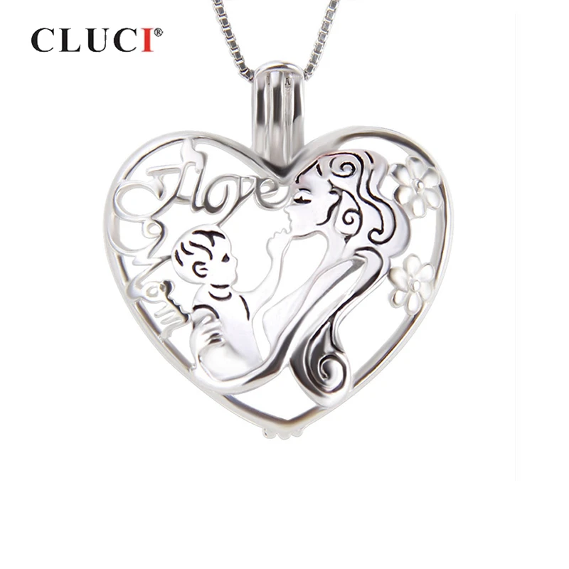 

CLUCI 925 Sterling Silver Heart Shaped Love Pendant Mom and Baby Mothers Day Gift Women Silver Cage Pendant Pearl Locket SC255SB