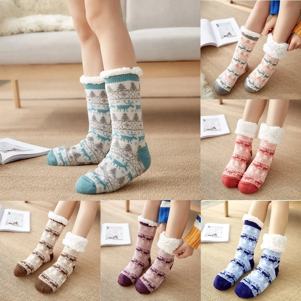 Зимние женские плюшевые Нескользящие тапочки Домашние носки Рождественские