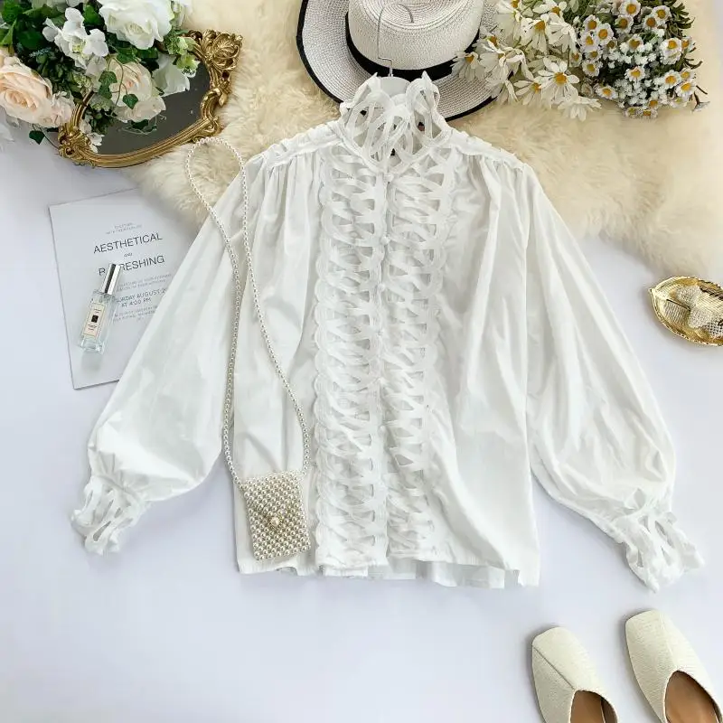 Women Autumn Blouse Shirts Tops 2019 sense small crowd hollow vertical collar lantern sleeve white super-fairy temperament top | Женская