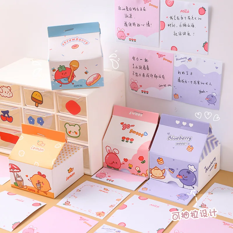 

200 Sheets Ins Creative Milk Carton Note Book Girl Removable Boxed Sticky Note Paper Set Desktop Message Paper Office Cute Memo
