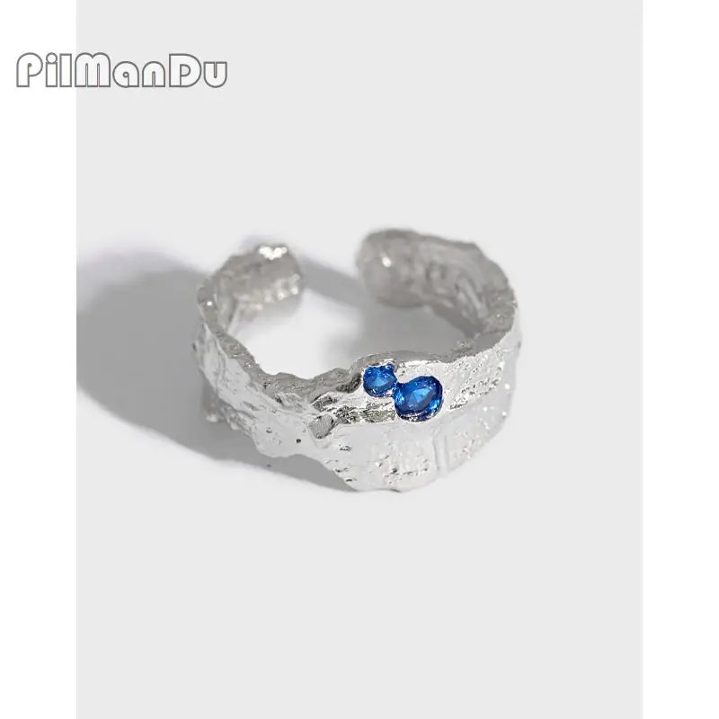 

PilManDu S925 Sterling Silver Irregular Texture Blue Zircon Open Ring Vintage Silver Jewelry Party Ring for Women Wholesale