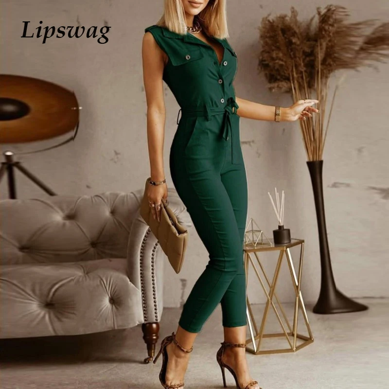 

Женский Повседневный комбинезон без рукавов, с завязками и поясом, летний уличный комбинезон с карманами и пуговицами