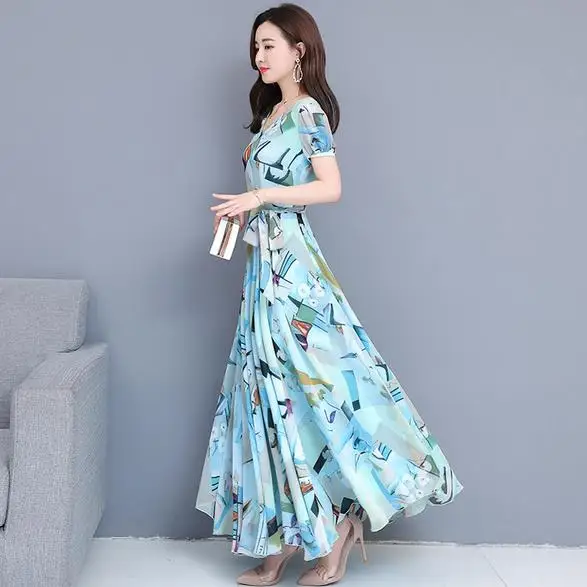 Yellow Pink Blue Flower Spring Dress Large Size Women Short Sleeve Floral Print Long Chiffon Dresses Swing Vestidos 4XL AE515 |