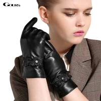gours womens winter real leather gloves fashion new brand black genuine goatskin finger gloves warm mittens new hot sale gsl034