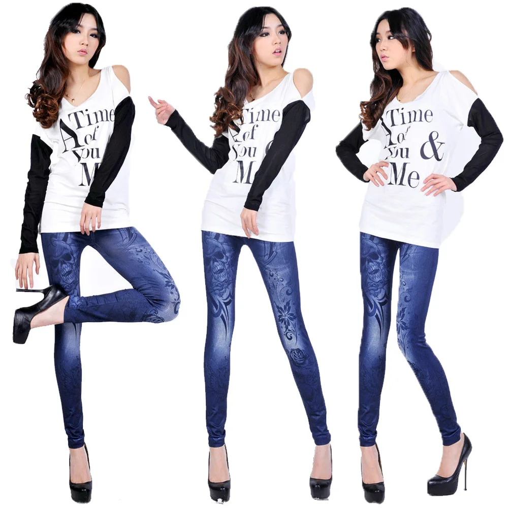 Бесшовные модные джинсовые леггинсы с принтом черепа женские узкие брюки |