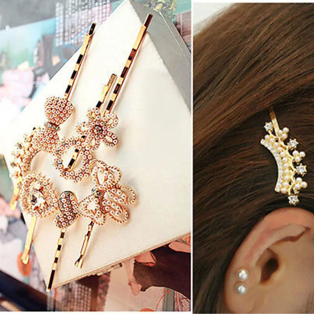 

2pcs Women Heart Bow Hairpin Flower Pearl Barrette Crystal Rhinestone Hair Clip Charm Barrette Fashion Hair Accessories