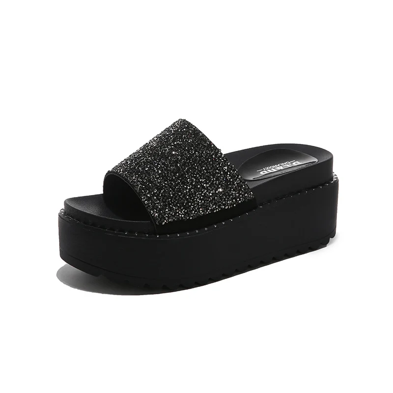 

Flock Slippers Casual Women's Shoes With Platform Pantofle Glitter Slides Heeled Mules Luxury 2021 Flat Jelly High Crystal Fashi