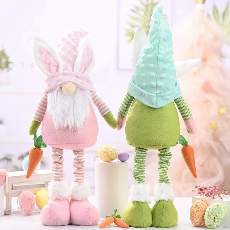 

NEW 4 Pcs Easter Bunny Gnome Handmade Rabbit Carrot Plush Toys Doll Ornaments Kids Easter Home Party Decor