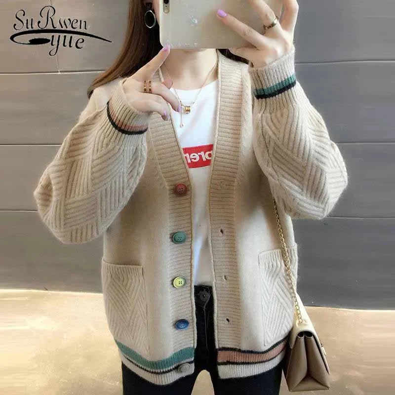 Thick Autumn Winter Women Sweater Vintage Knitted Casual Cardigan V-neck Single-Breasted Outwear Korean Pull Femme 10910 |