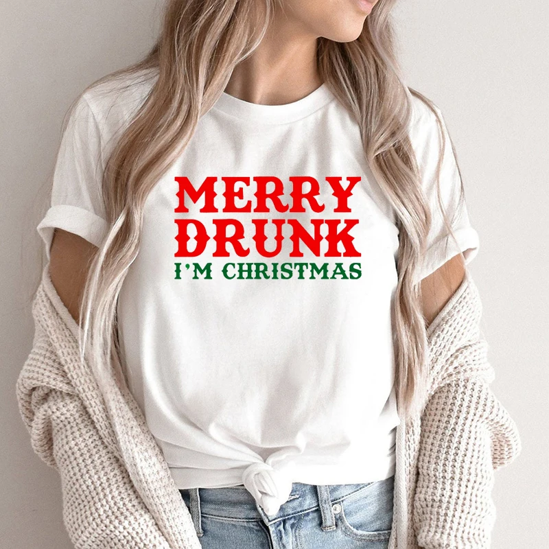 

Merry Drunk I'm Christmas Shirt Funny Christmas Graphic Tees Plus Size Women Clothes Merry Christmas Clothing Cotton 100% XL