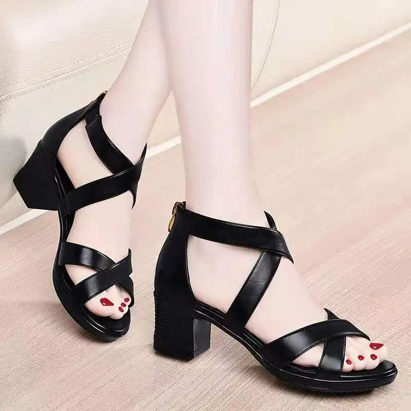 

2021 New Soft Sandals Woman,Summer Gladiator Shoes,Comfortable Block High Heels For Mum,Open toe,Cross Strap,BLACK,Dropshipping