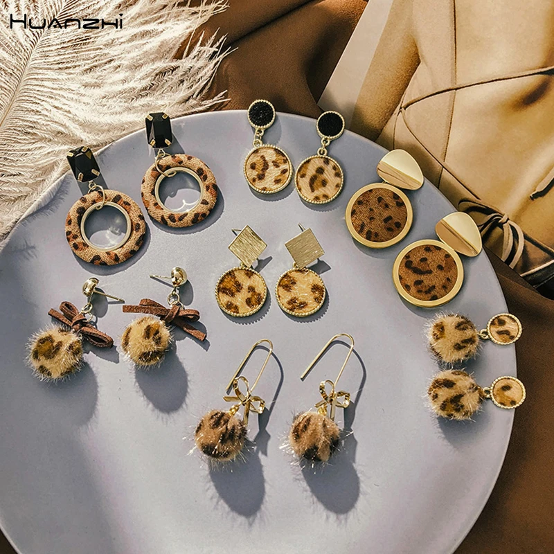 HUANZHI 2019 Простые Модные леопардовые Металлические Серьги Геометрические длинные