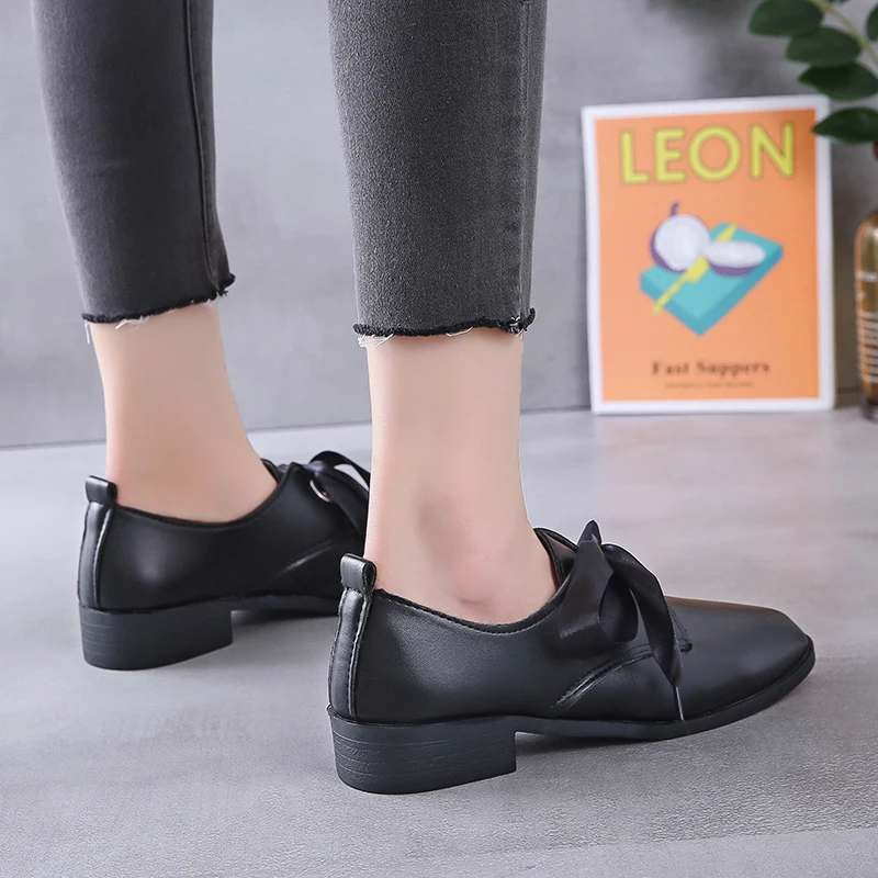 Autumn Bow Shiny Loafers Women Shoes Patent Leather Elegant Low Heels Ladies Footwear Female Pointed Toe Thick Heel | Обувь