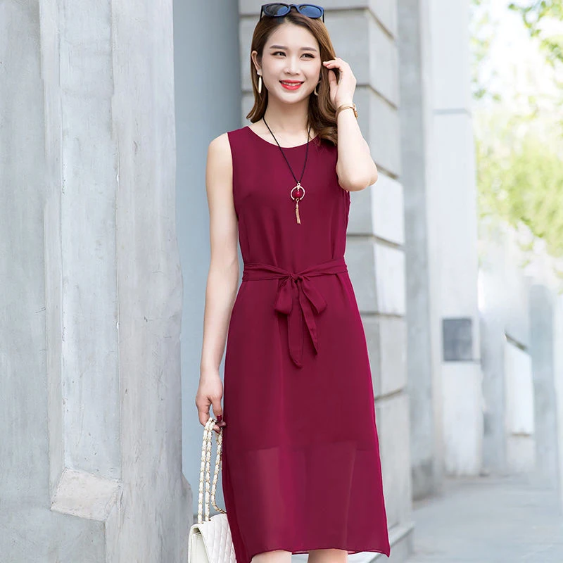 

Women's Spring Summer Style Chiffon Dress Women's Sleeveless Solid Color Bow O-neck Elegant Casual Dress SS1762