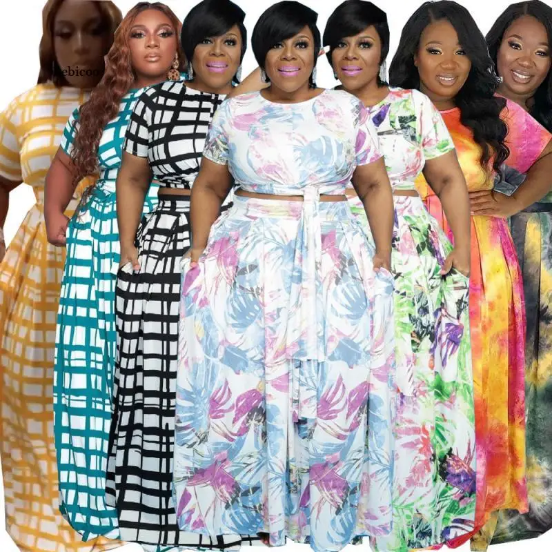 

Two Piece Set Plus Size Clothing Women Skirts Sets Wholesale Flower Print Crop Top with Elastic Waist Maxi Skirt Dropshipping