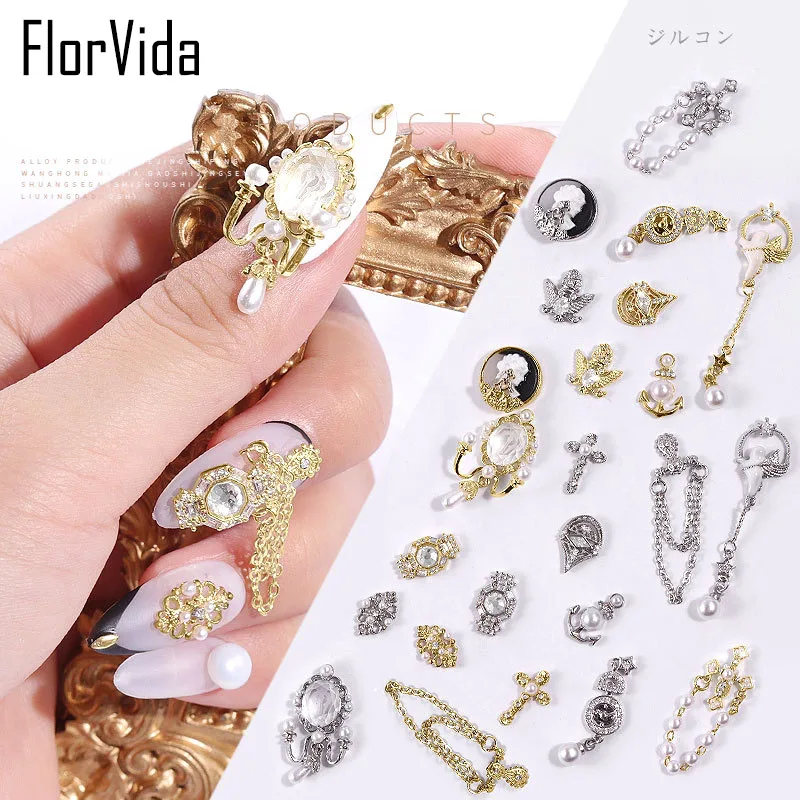 FlorVida Ретро 3d-украшения для ногтей с Стразы из горного хрусталя шпильки драгоценные камни серебристый металлический кулон цепи для маникюрного салона
