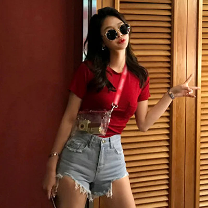 Женская футболка с коротким рукавом однотонная Базовая тонкими карманами