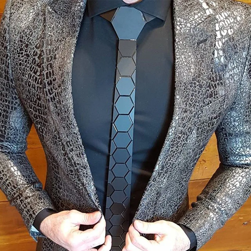 Classy Matte Black Hexagons Tie Men Skinny Neckties Silk Wedding Party Business Gift All Match Fashion Accessory Hankerchief Set