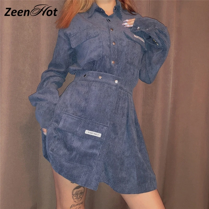 Женский вельветовый костюм в полоску синяя рубашка с отложным воротником и юбка