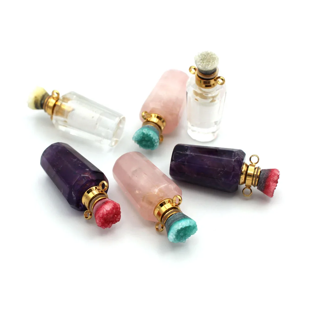 

1x Perfume Bottle Pendant Natural Stone Clear Rose Quartz Amethyst Cluster Pendant Charms For Essential Oil Diffuser Necklace